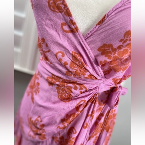By Anthropologie Halter Neck Ruffle Wrap Mini Dress/Cover Up XXS Pink Floral - Picture 6 of 16